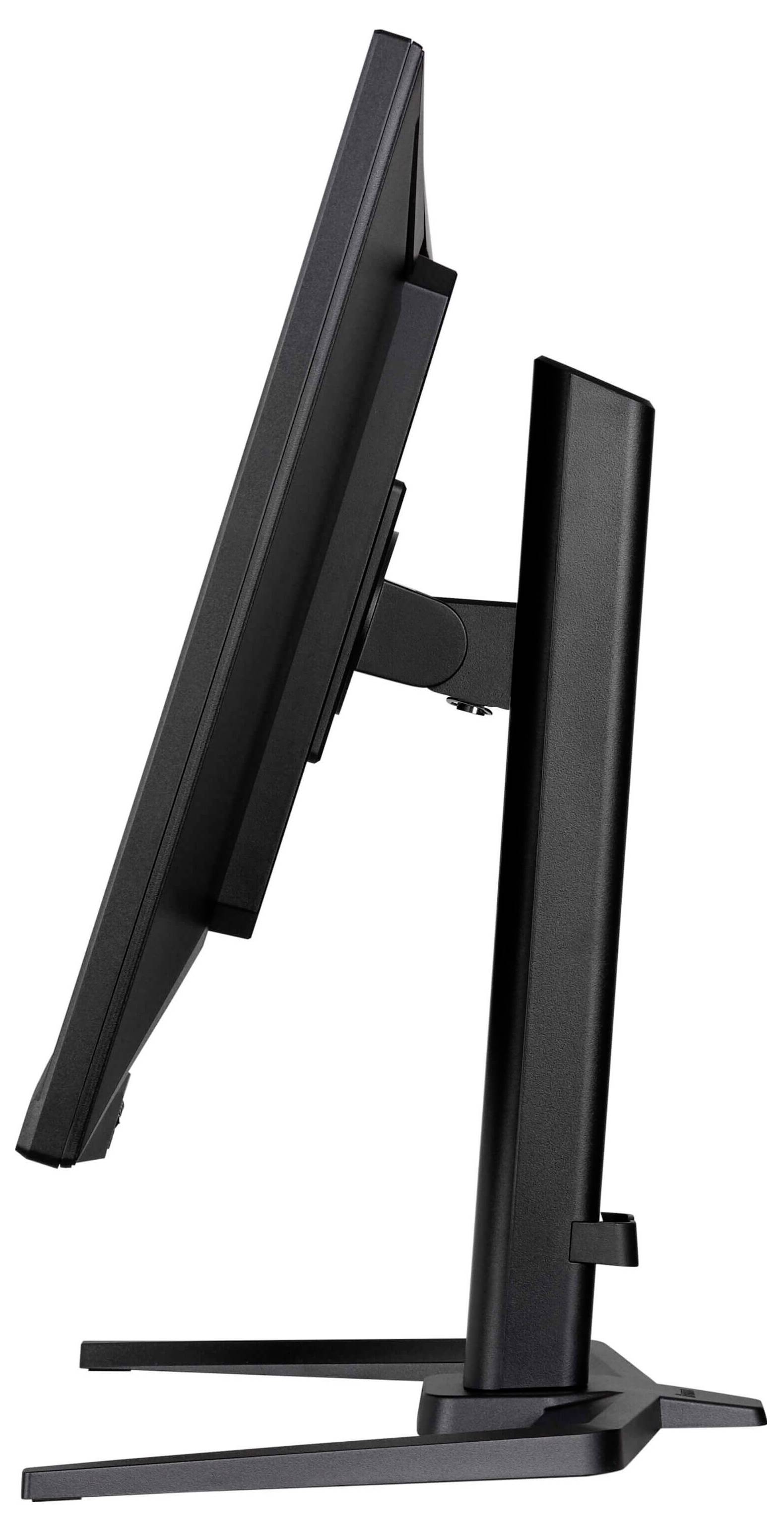 Un sottile monitor per computer nero è mostrato di lato, che ne visualizza il profilo snello e il supporto regolabile.