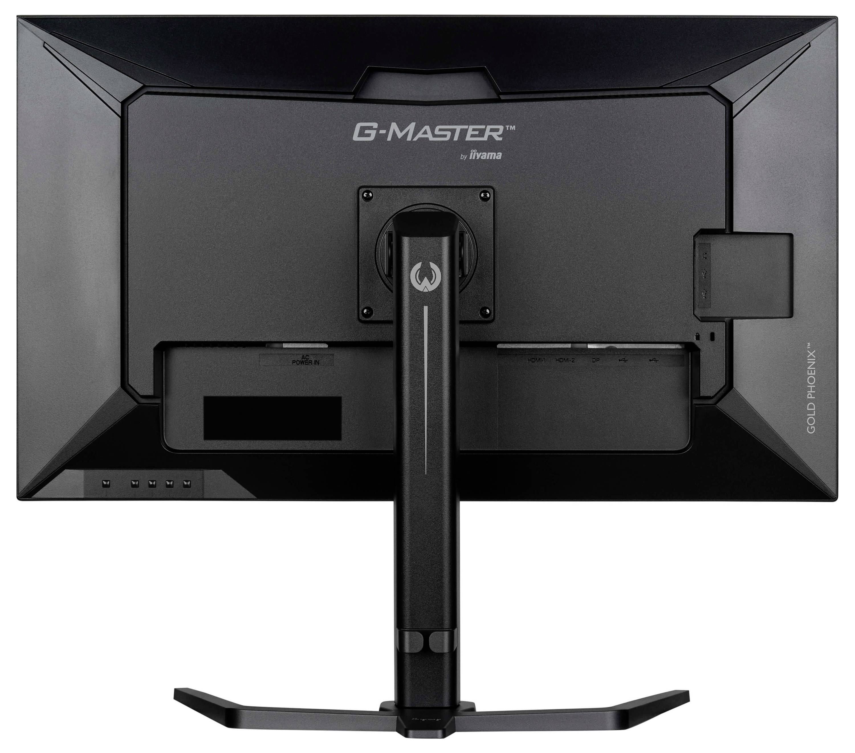 Un monitor per computer nero visto da dietro, che mostra un supporto e varie porte.