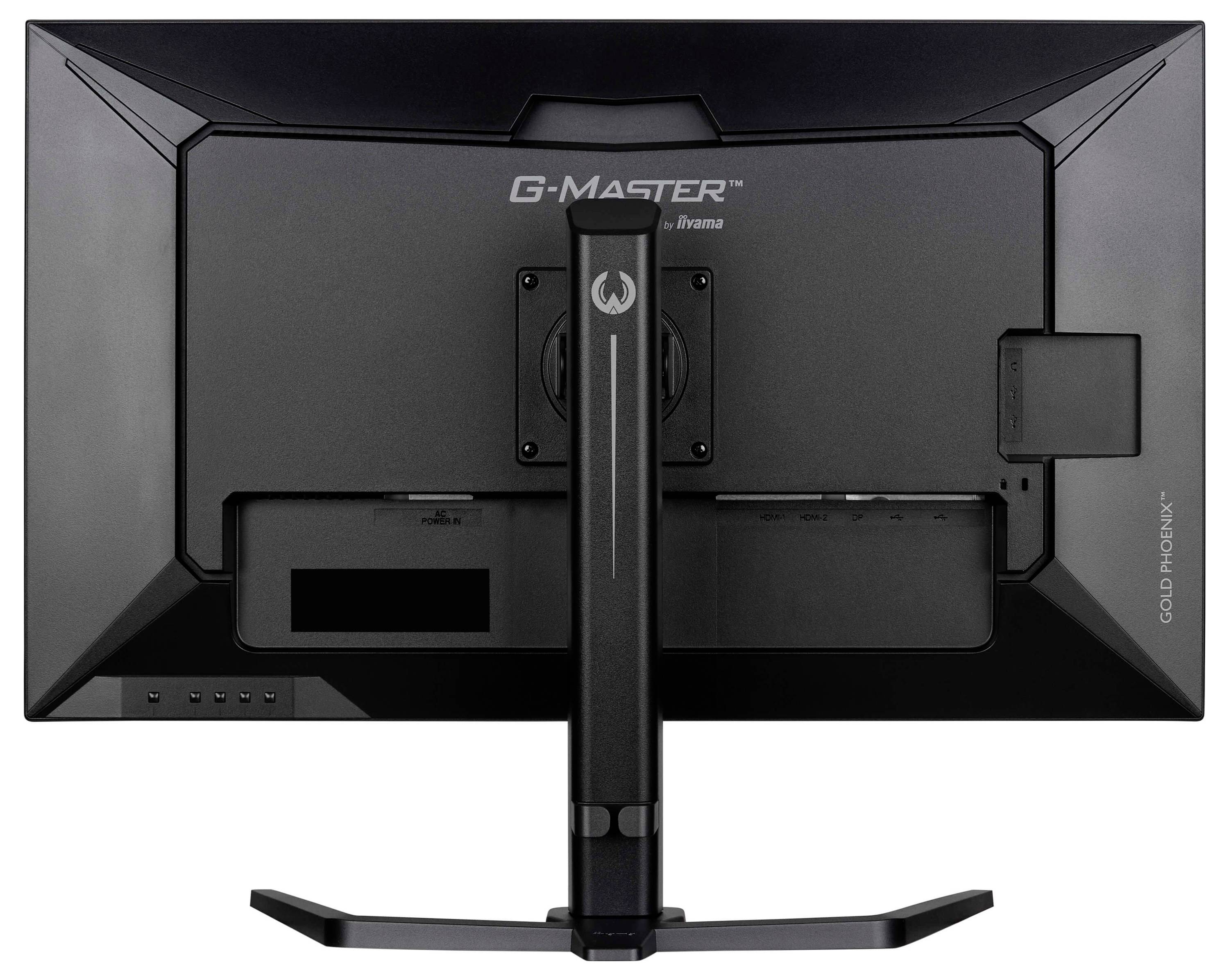 Vista posteriore di un monitor per computer nero con supporto, etichettato "G-Master" di Iiyama, che mostra porte e meccanismi di regolazione.
