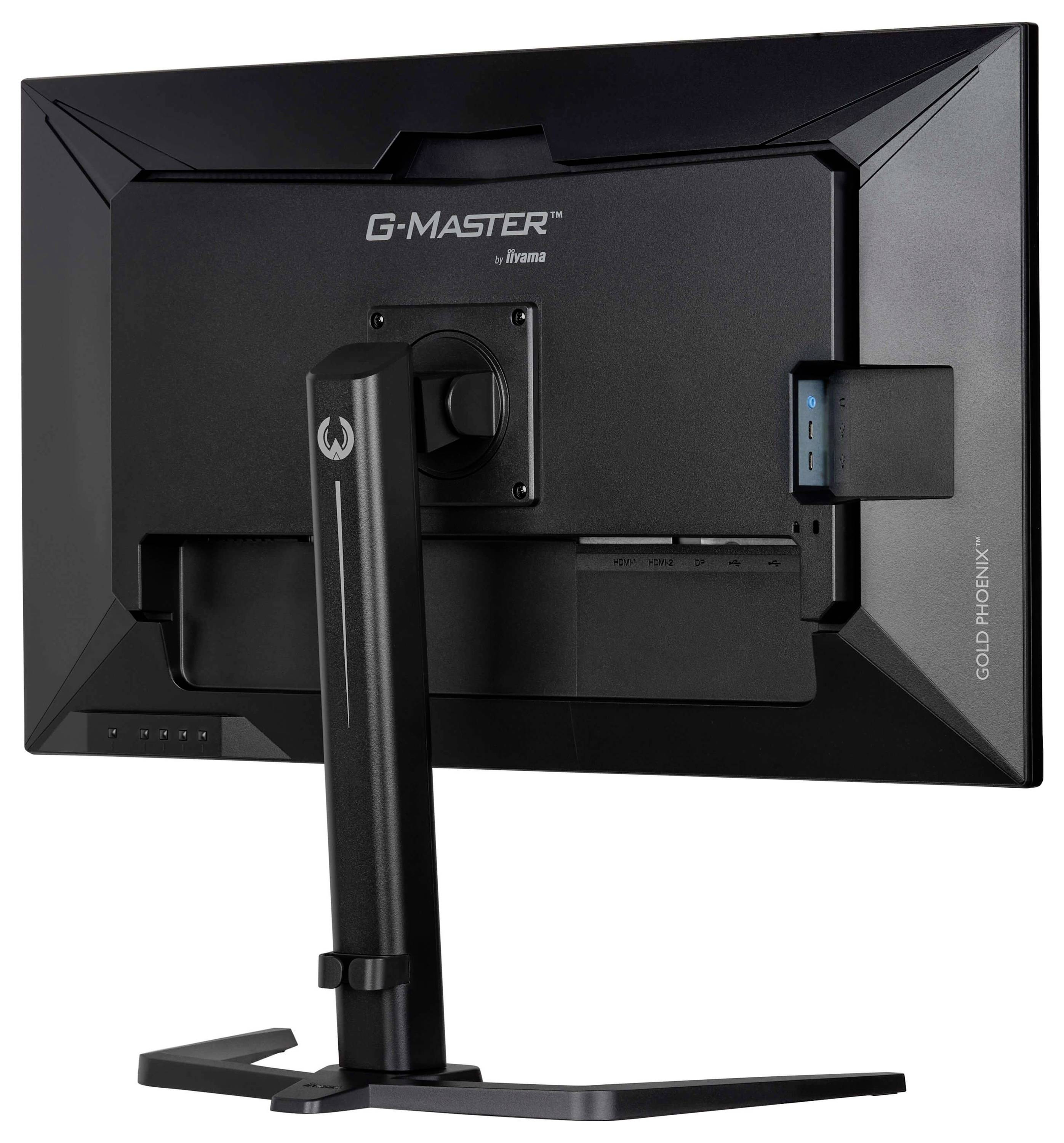 Vista posteriore di un monitor da gioco nero etichettato 'G-Master' su un supporto con porte e pulsanti di controllo visibili.