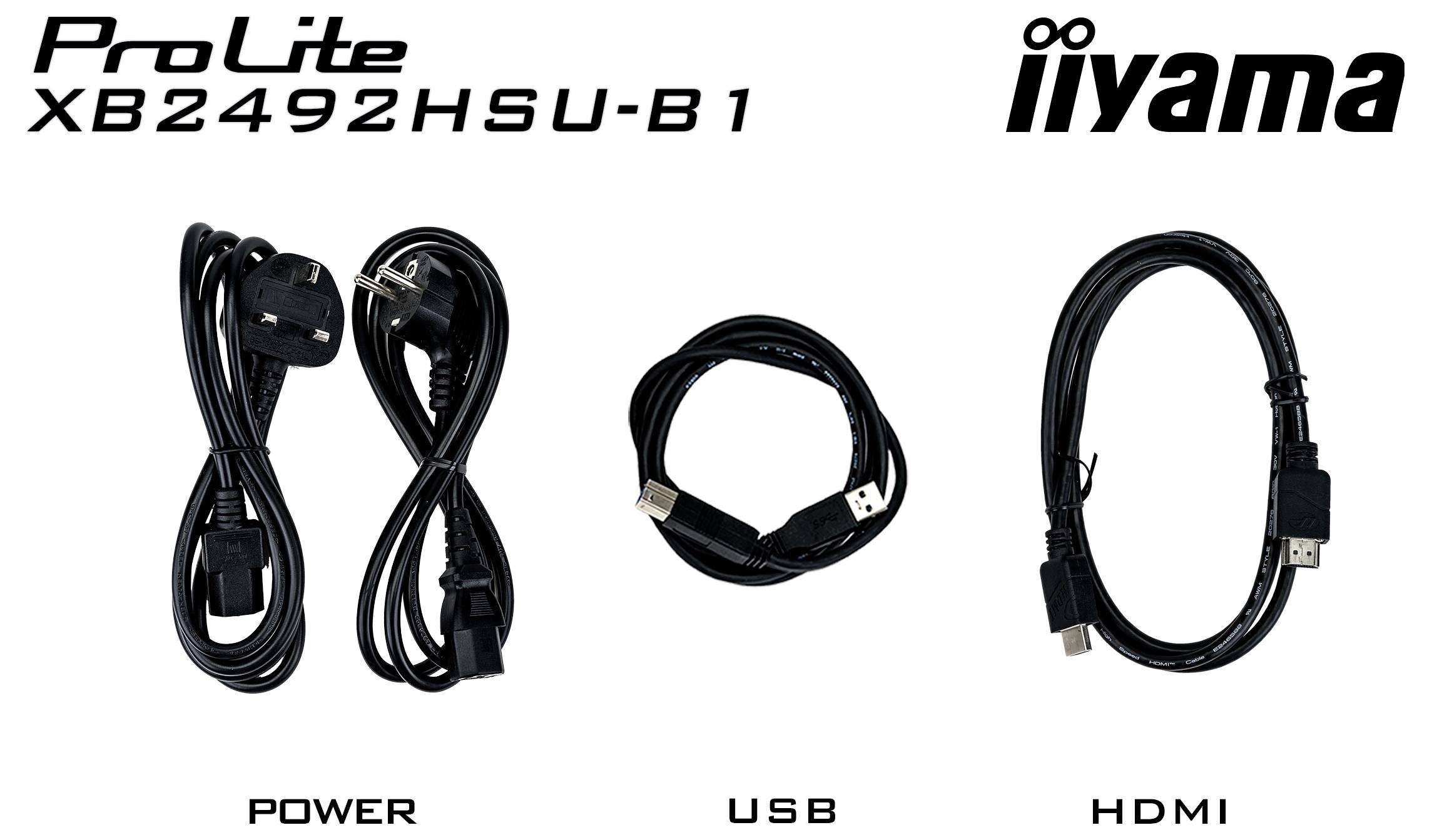 'Cavi per ProLite XB2492HSU-B1: cavo di alimentazione con spina UK, cavo USB, cavo HDMI. Logo iiyama in alto a destra.'