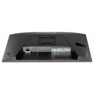 Vista posteriore di un monitor che mostra varie porte tra cui una presa di alimentazione, HDMI, USB e altre interfacce di connettività progettate per l'uso multimediale.