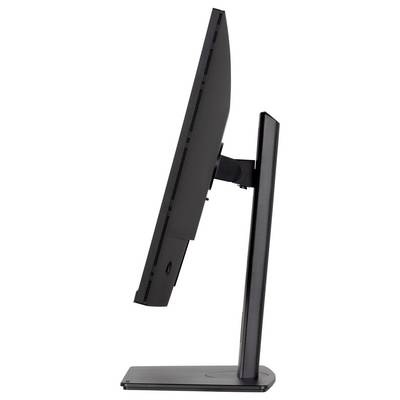Una vista laterale di un monitor per computer nero su un piedistallo, che mostra il suo profilo sottile e il design minimalista.