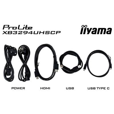 I cavi per il monitor iiyama ProLite XB3294UHSCP includono alimentazione, HDMI, USB e USB Type-C, organizzati da sinistra a destra.