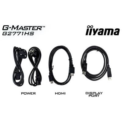 Accessori del monitor 'G-MASTER G2771HS iiyama': cavo di alimentazione, cavo HDMI e cavo DisplayPort mostrati.