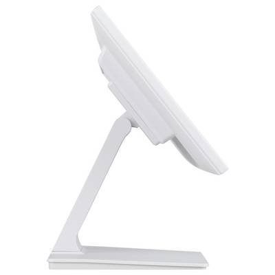 Una vista laterale di un elegante monitor per computer moderno con un supporto minimalista e angolare, posizionato su uno sfondo bianco neutro.