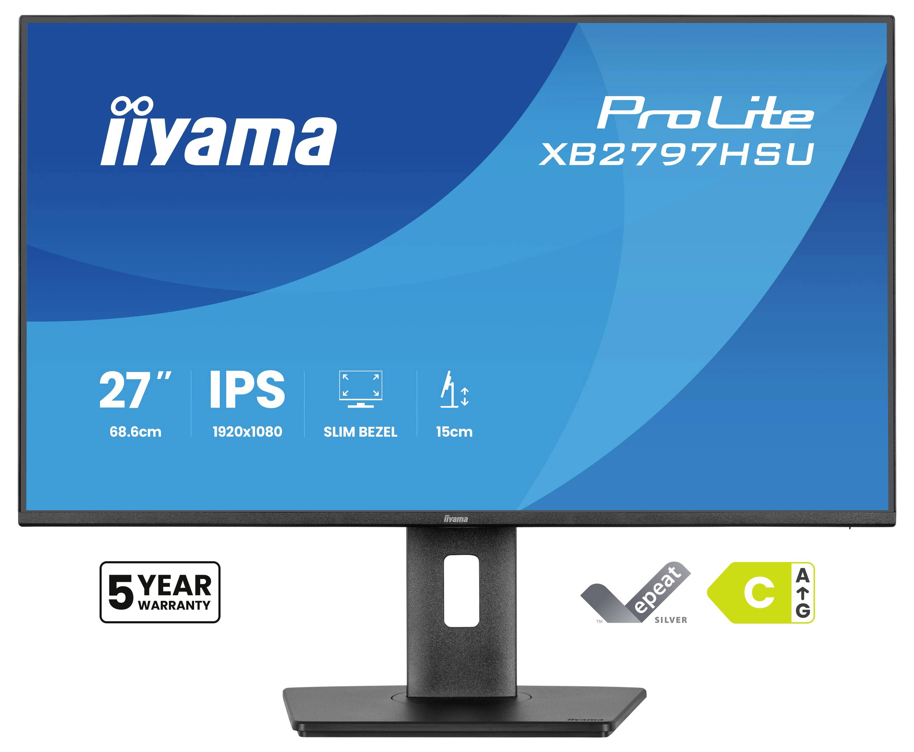 Monitor con schermo blu che visualizza "iiyama ProLite XB2797HSU". Caratteristiche: IPS da 27", risoluzione 1920x1080, cornice sottile, garanzia di 5 anni.