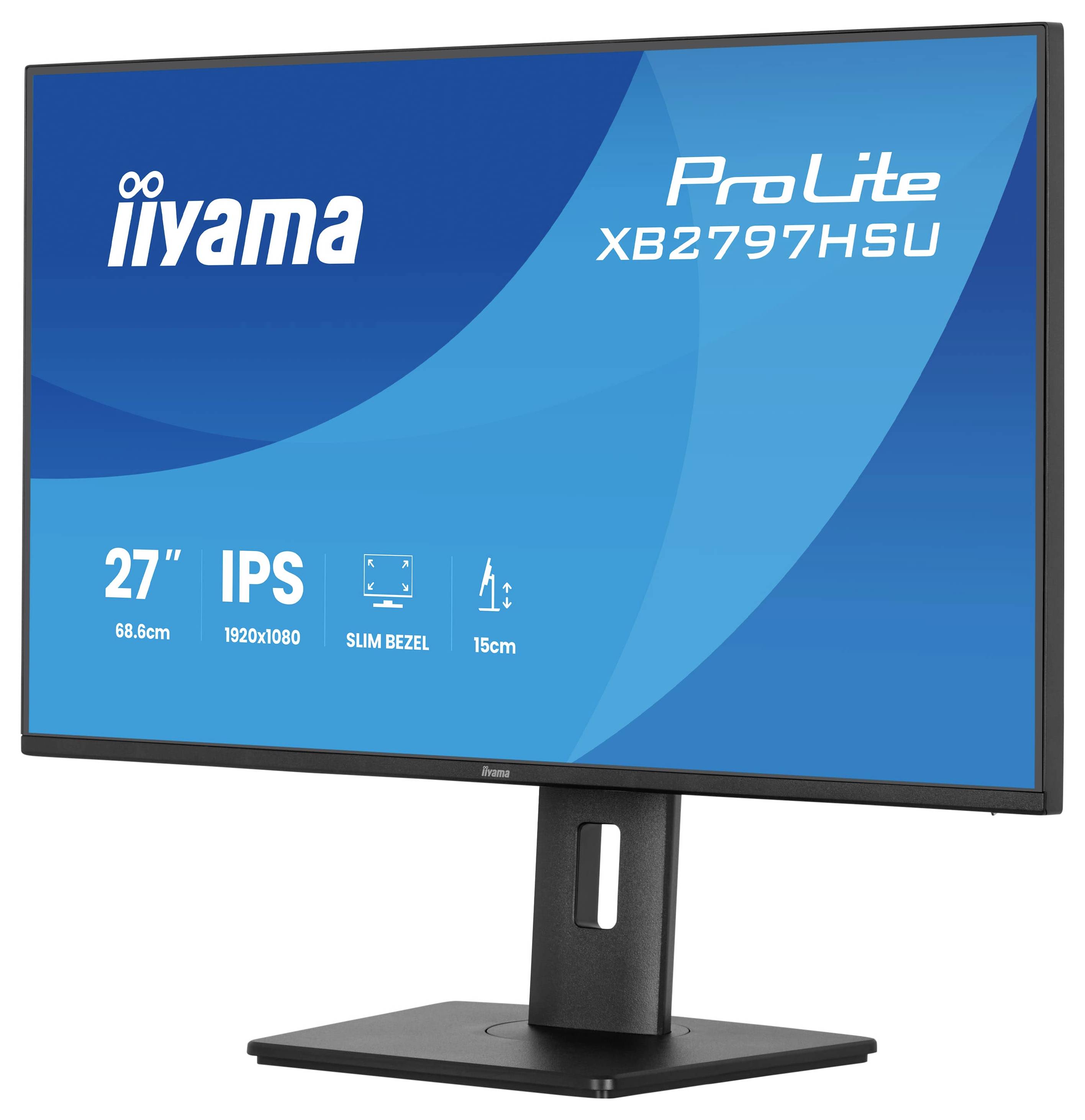 Un monitor per computer che mostra le specifiche: schermo da 27 pollici, risoluzione IPS 1920x1080, cornice sottile e capacità di regolazione dell'altezza.