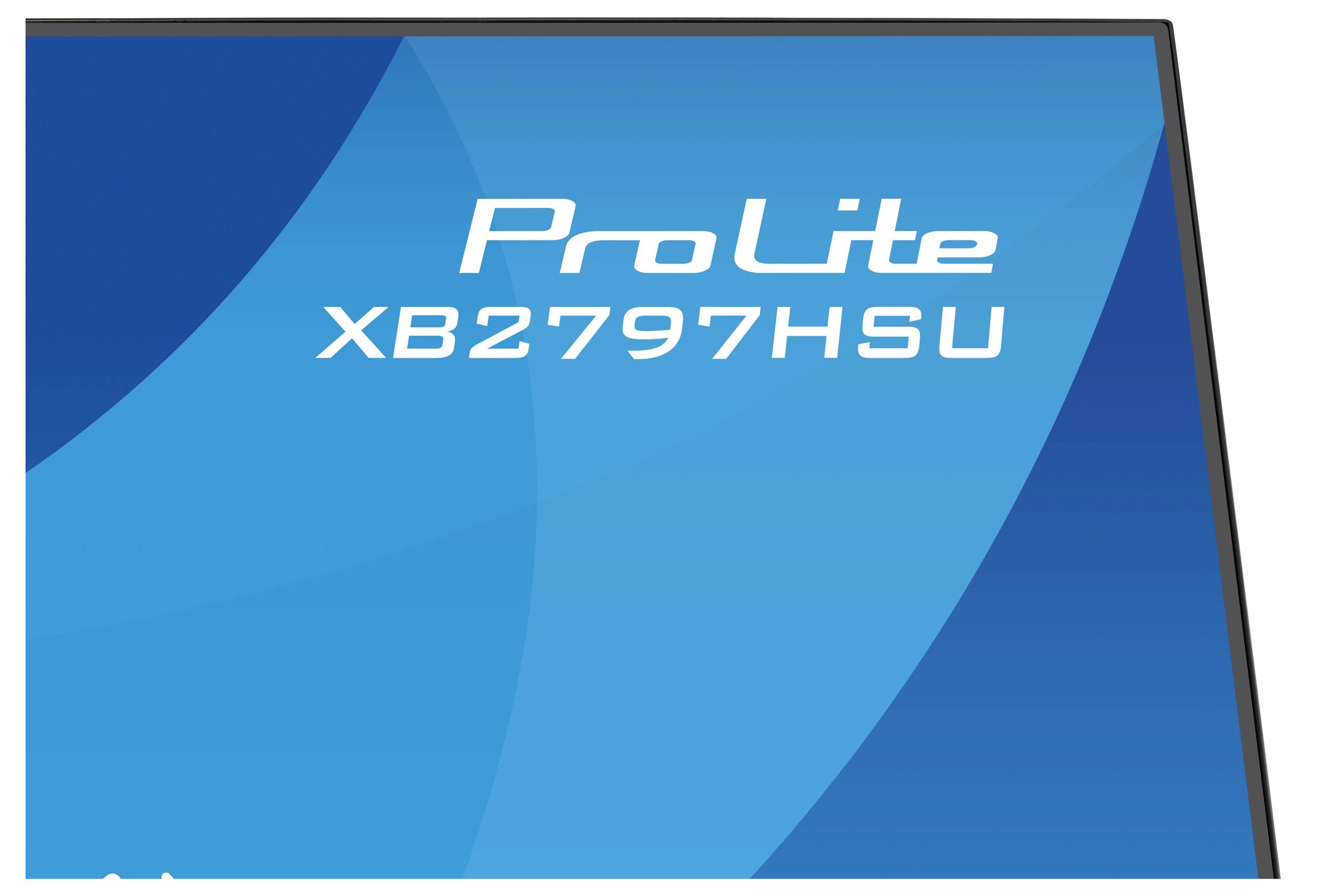 Uno schermo blu visualizza il testo 'ProLite XB2797HSU', indicando un modello di monitor o dispositivo di visualizzazione.