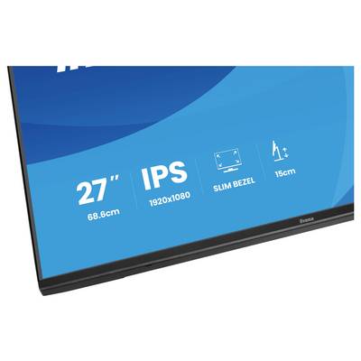 Un angolo di schermo di un monitor che mostra le specifiche: "27" IPS, risoluzione 1920x1080, cornice sottile, altezza 68,6cm, profondità 15cm".