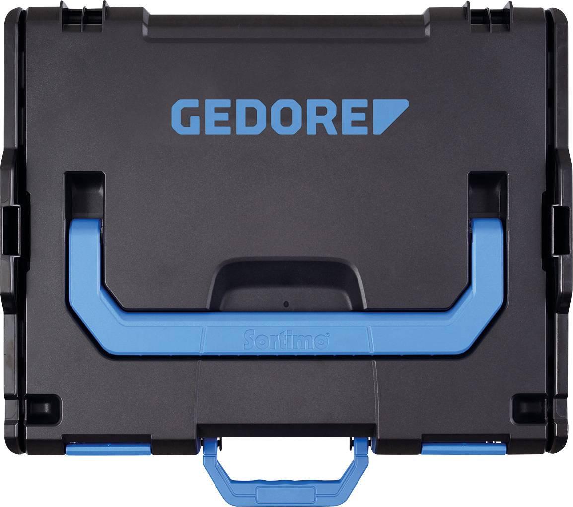 Una cassetta degli attrezzi nera con una maniglia blu, con il marchio 'GEDORE' in testo blu sulla parte superiore.