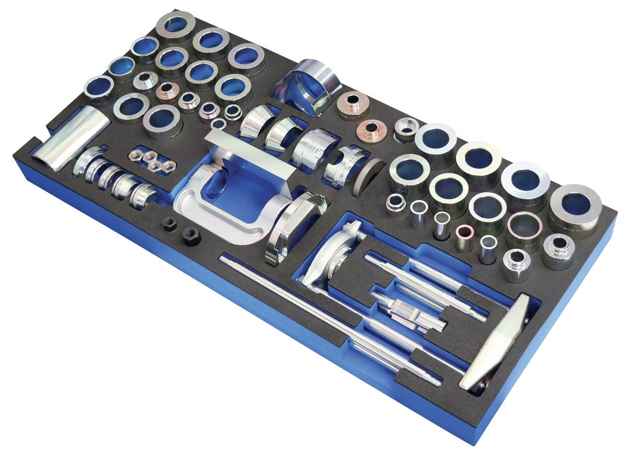 Kit di attrezzi per cuscinetti delle ruote' che mostra vari strumenti di precisione organizzati in un vassoio in schiuma, utilizzati per l'installazione o la rimozione dei cuscinetti delle ruote.