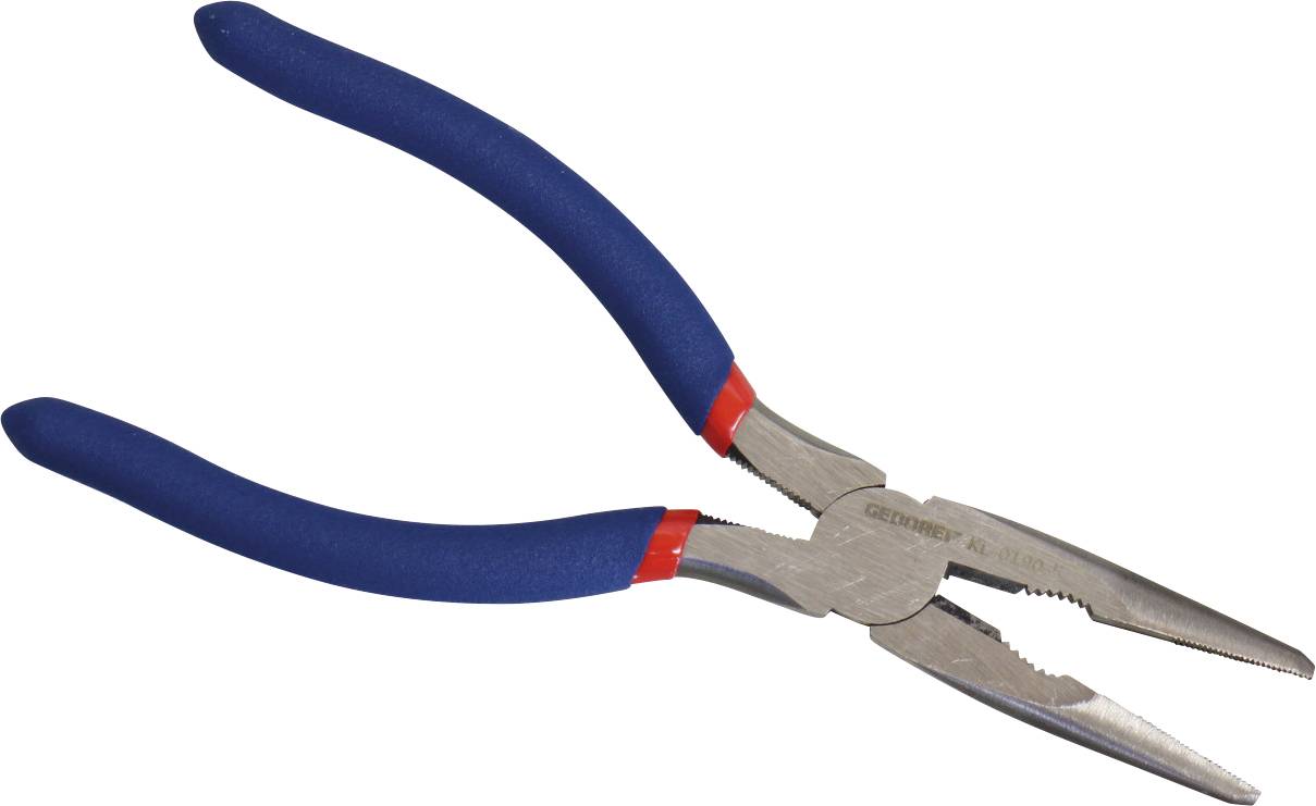 Un paio di pinze a punta sottile con manici rivestiti in gomma blu e mascelle seghettate, comunemente utilizzate per afferrare e piegare i fili.