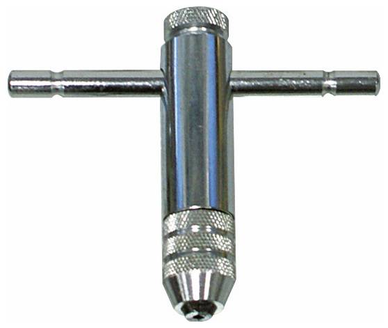 Uno strumento in metallo con manico a forma di T utilizzato per regolare o stringere, caratterizzato da un corpo cilindrico con impugnature scanalate e due barre trasversali per la leva.