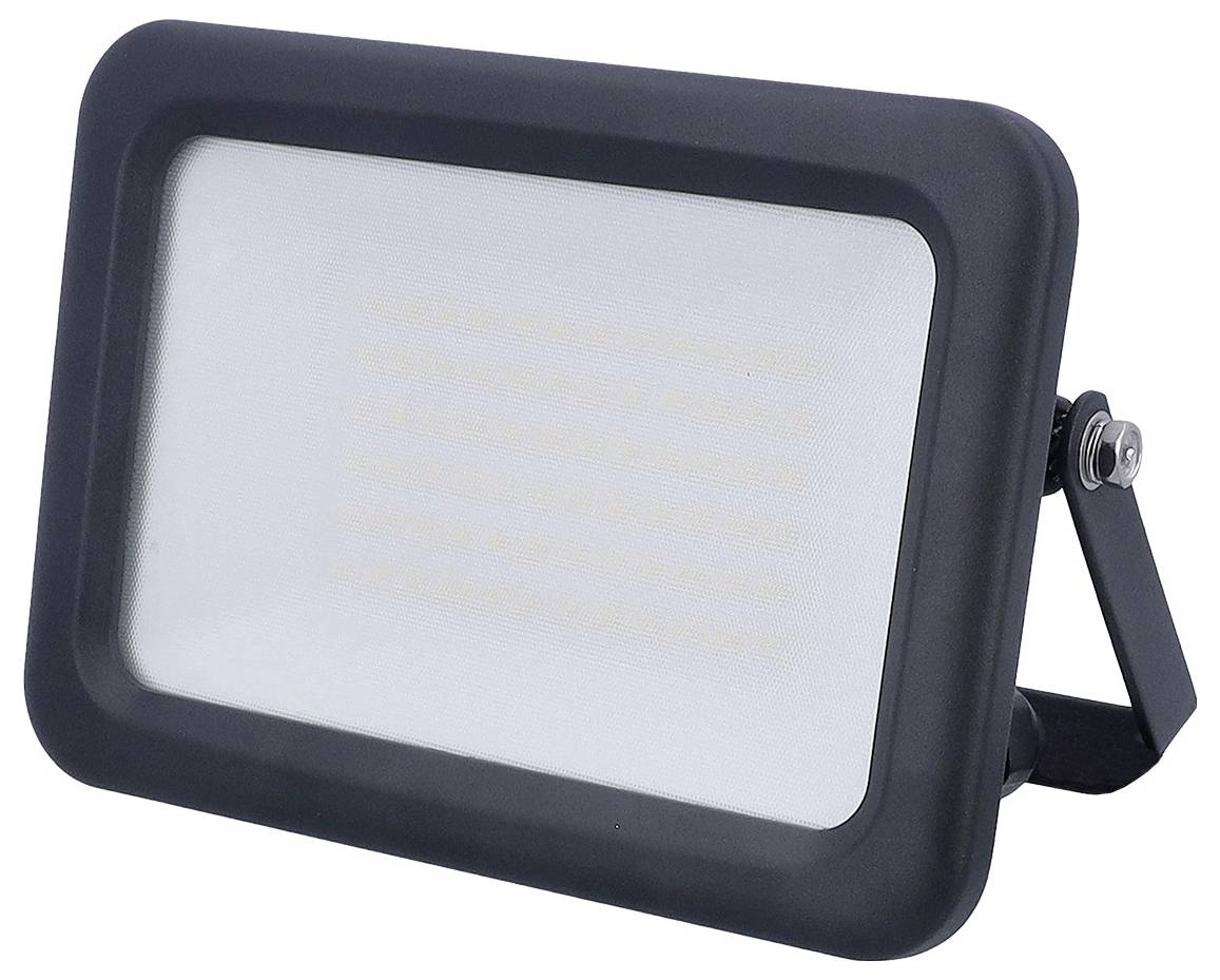 Riflettore LED rettangolare nero con supporto, dotato di ampia copertura in vetro smerigliato, adatto all'illuminazione esterna.