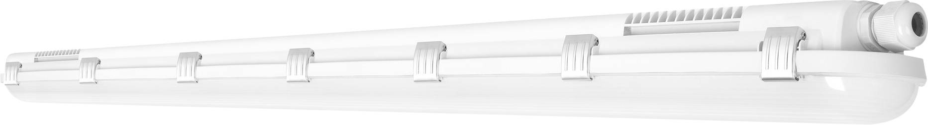 Una lampada a LED di forma tubolare bianca, caratterizzata da più clip metalliche lungo tutta la sua lunghezza, progettata per l'installazione in soffitti o pareti.