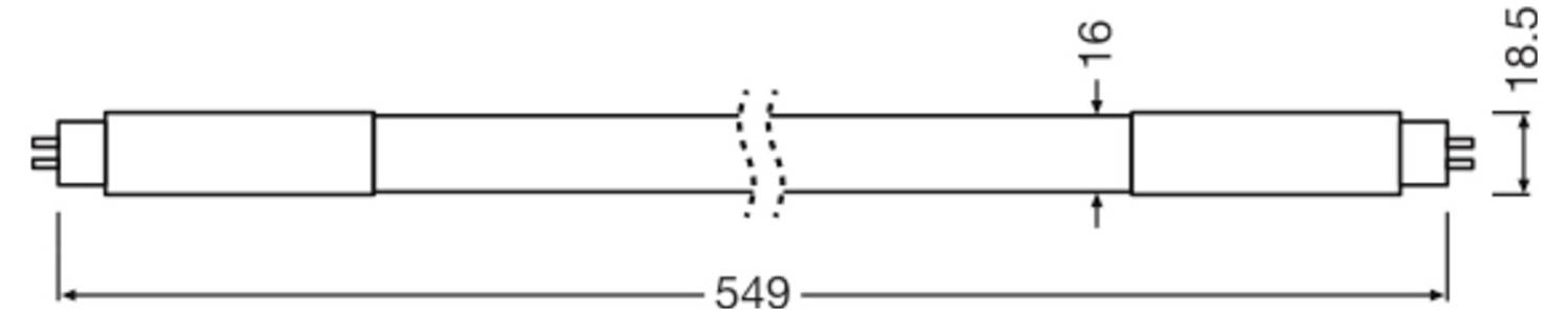 Diagramma di una lampada fluorescente con misure. La lunghezza totale è 549 mm, il diametro è 16 mm e la distanza tra i piedini è 18,5 mm.