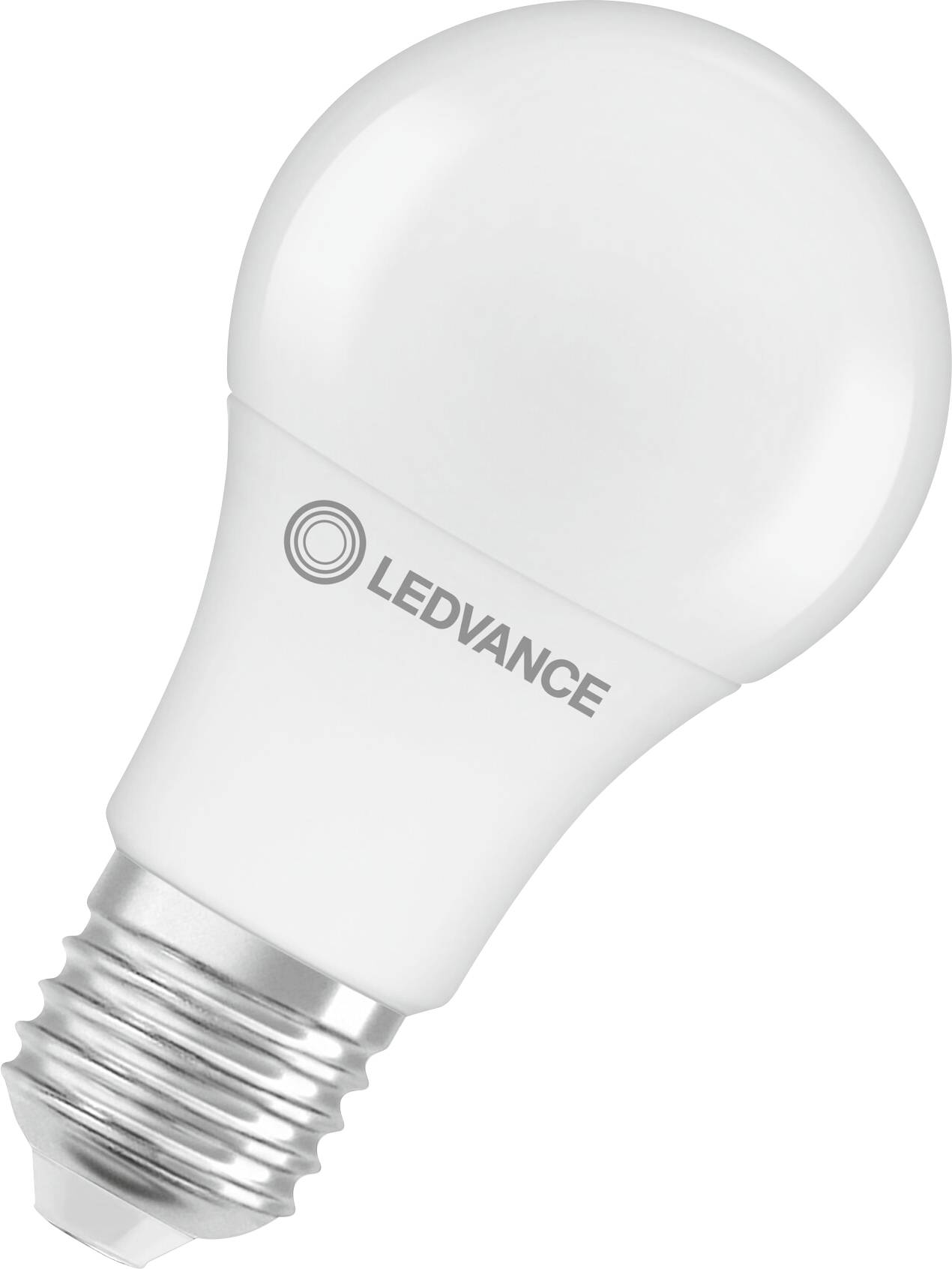 Una lampadina LED bianca etichettata 'LEDVANCE', dotata di attacco E27, adatta per soluzioni di illuminazione ad alta efficienza energetica.