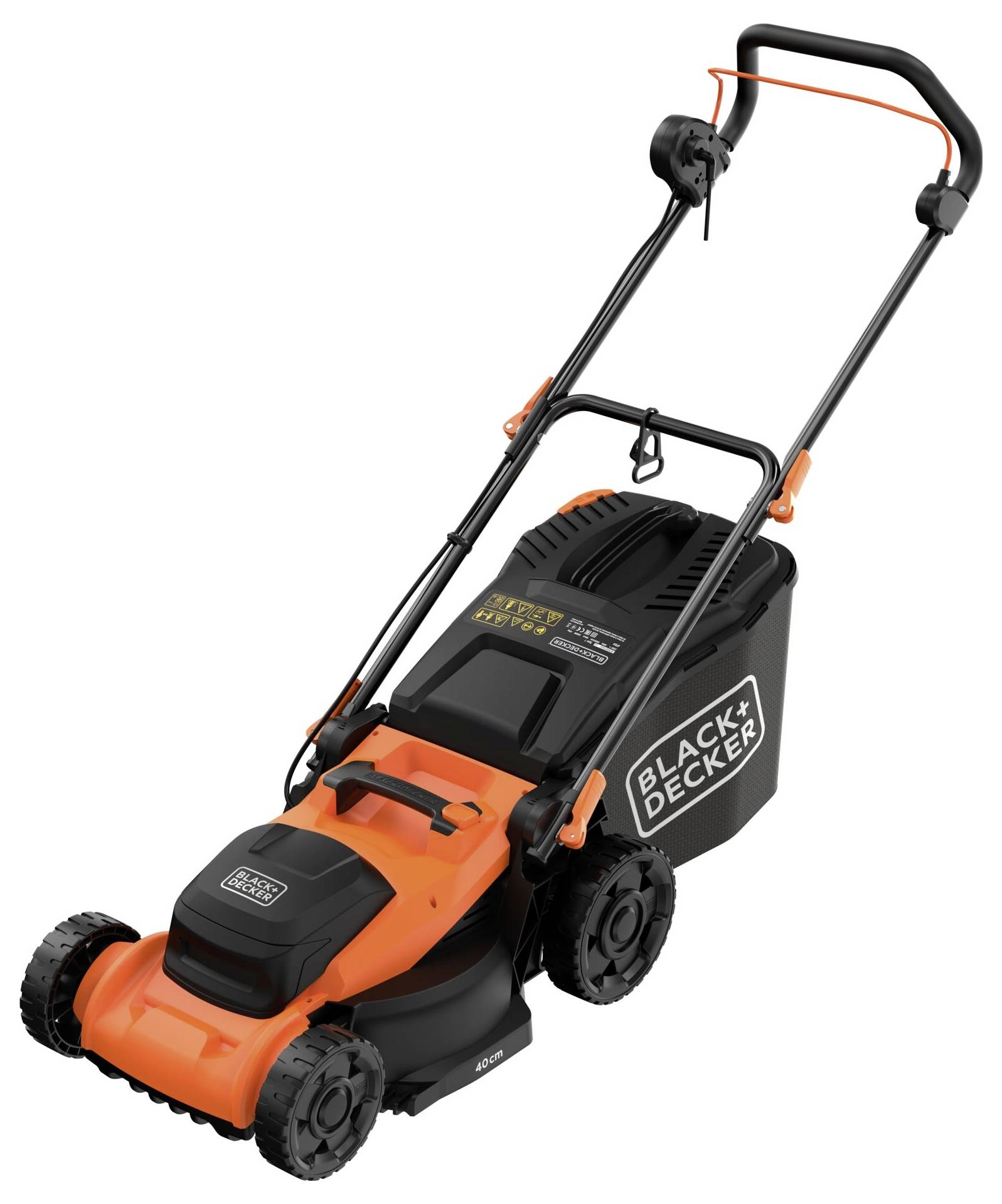 Un tosaerba a spinta arancione e nero con sacchetto di raccolta, che mostra il marchio "Black & Decker" sul lato del sacchetto.