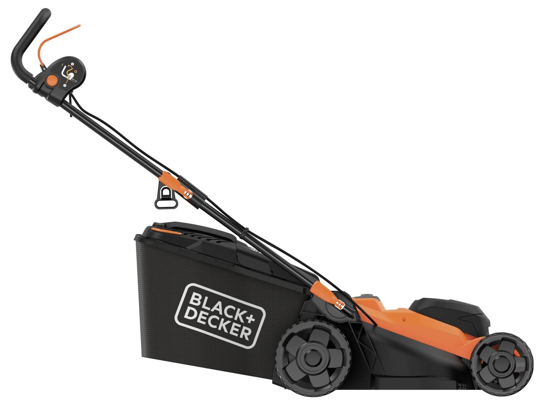 Un tagliaerba elettrico arancione e nero con il marchio "Black + Decker" sul lato, dotato di un manico e di un cestino per la raccolta dell'erba.