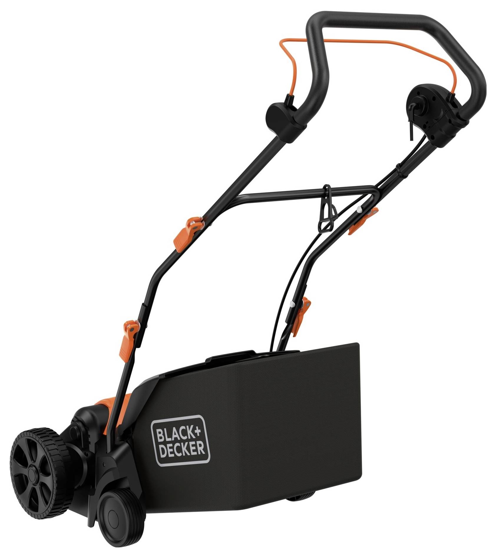 Un tosaerba BLACK+DECKER nero e arancione con sacchetto di raccolta dell'erba, dotato di manico regolabile e grandi ruote posteriori.