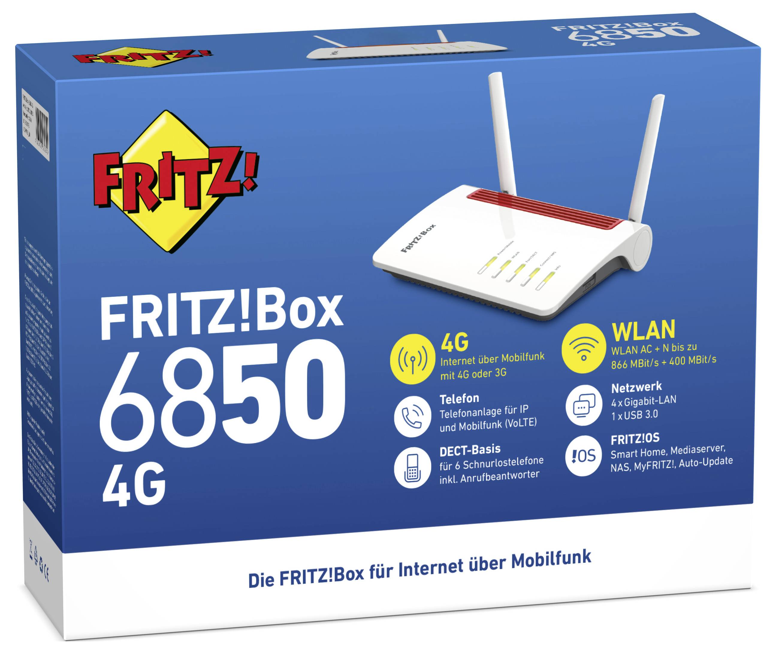 FRITZ! Box 6850 4G Router con Modem WLAN Modem integrato: LTE 2.4 GHz, 5 GHz-4