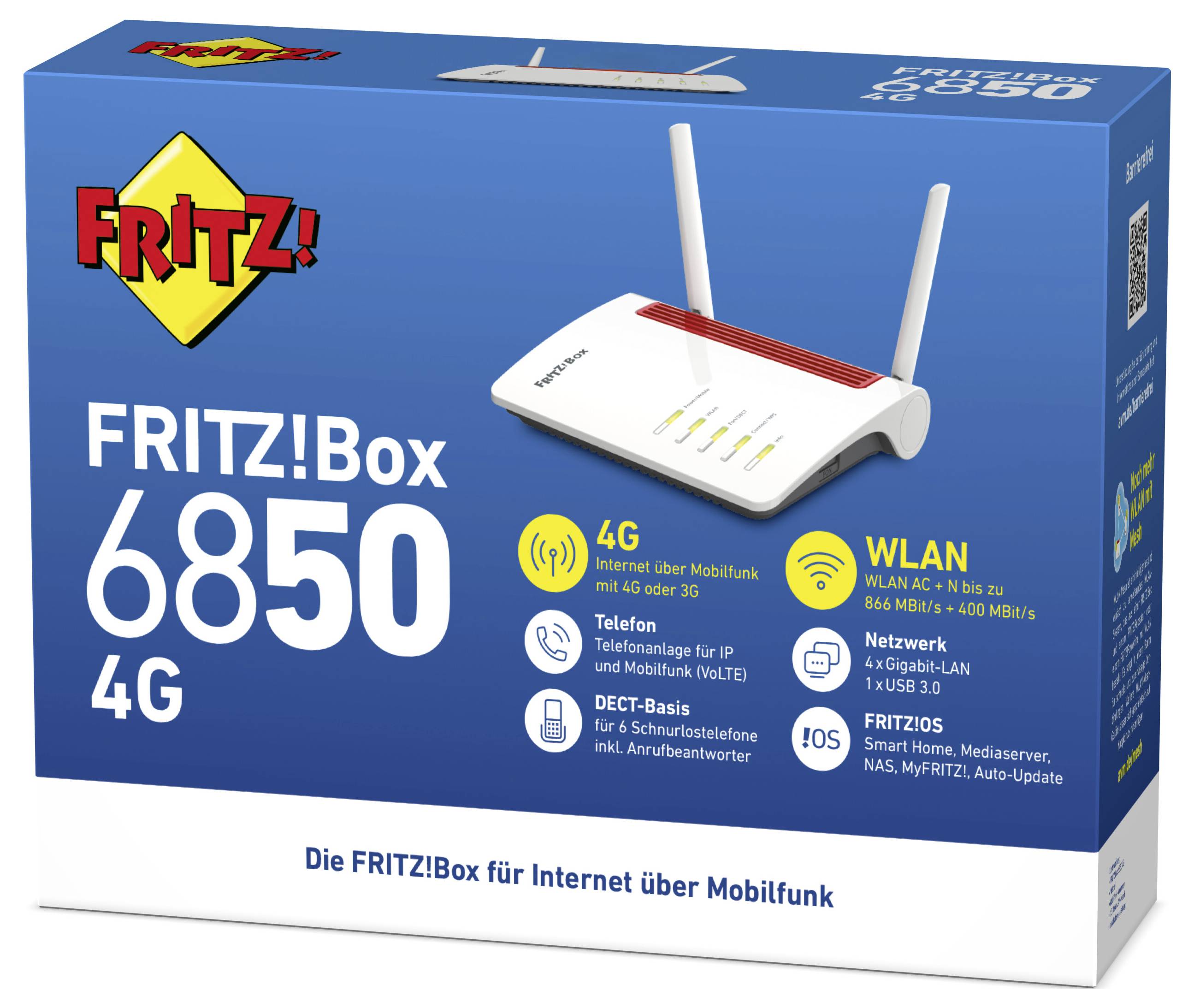 Confezionamento per 'FRITZ!Box 6850 4G', un router con funzioni come internet 4G, WLAN AC + N, telefonia, base DECT e funzionalità Smart Home.