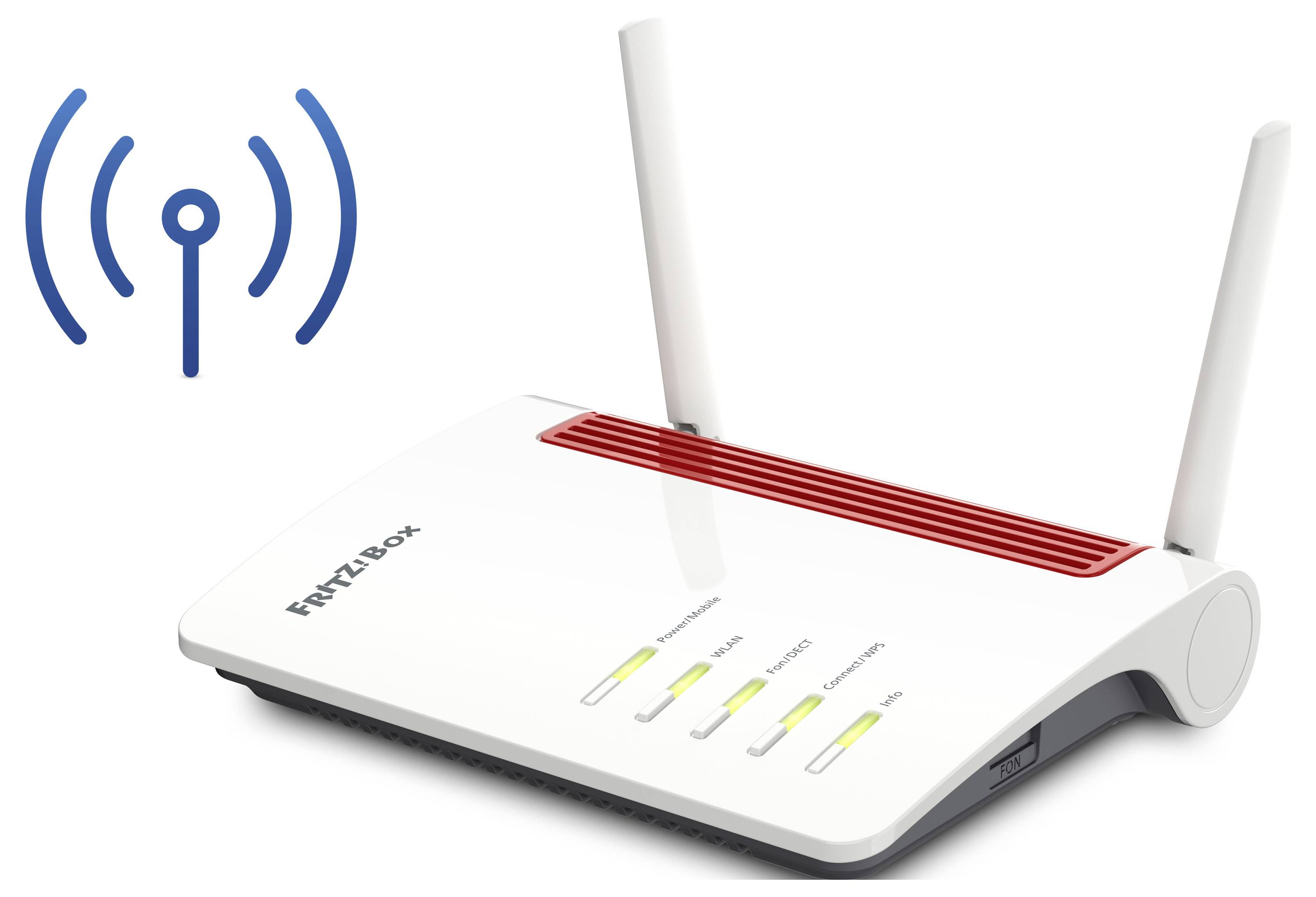'Un router FritzBox con due antenne e spie luminose è mostrato accanto a un simbolo di segnale Wi-Fi blu.'