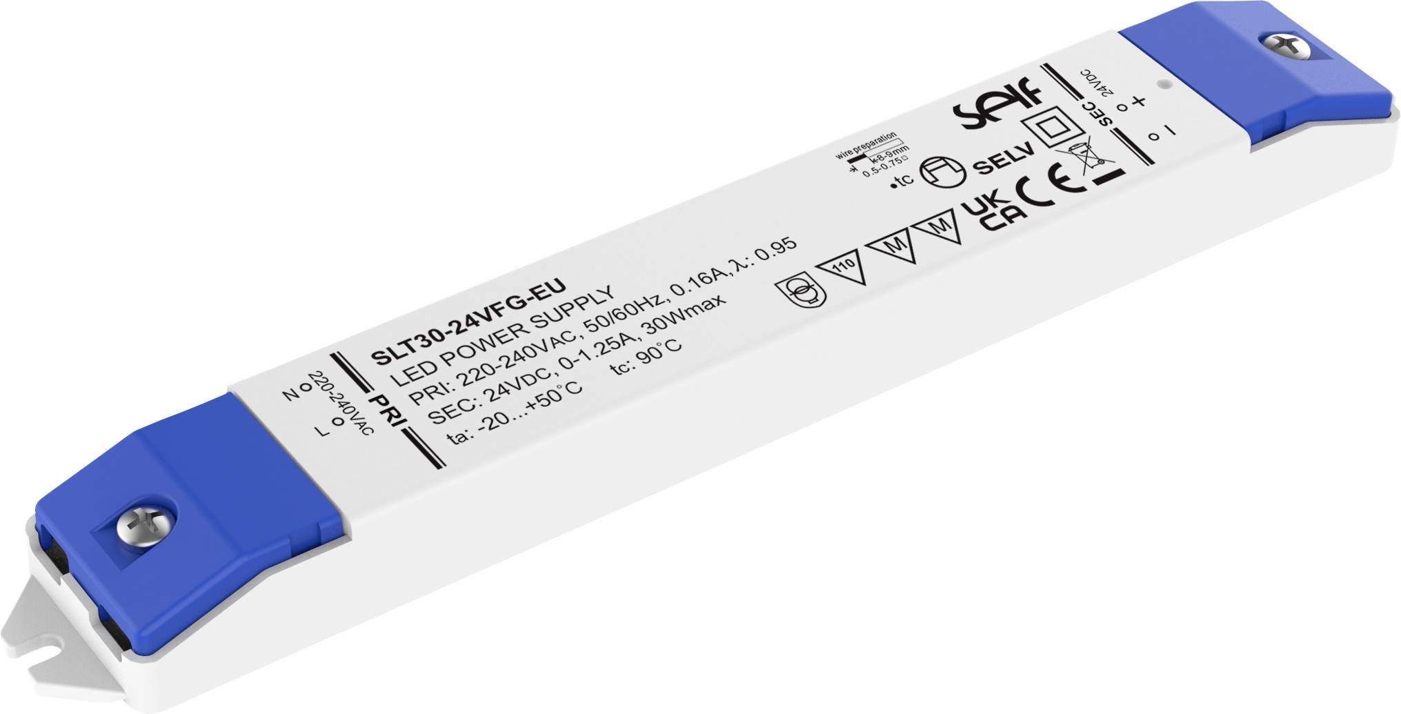 Un sottile driver LED rettangolare con cappucci terminali blu. La superficie mostra specifiche tecniche e simboli di certificazione.