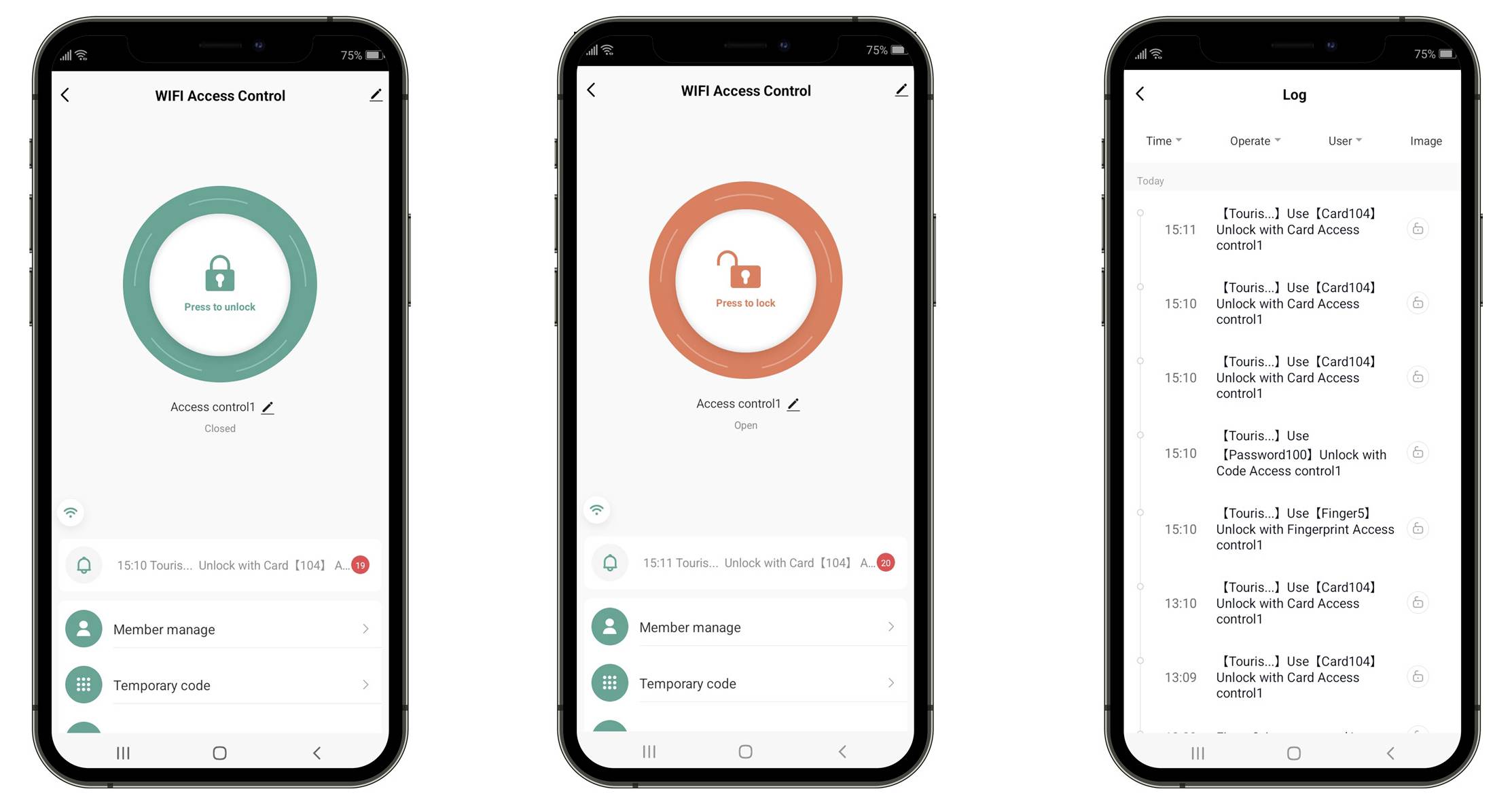 Tre schermate dell'app per smartphone che mostrano il Controllo Accesso WiFi: una sbloccata con un lucchetto verde, una bloccata con un lucchetto rosso, e un elenco di registro degli eventi di accesso.