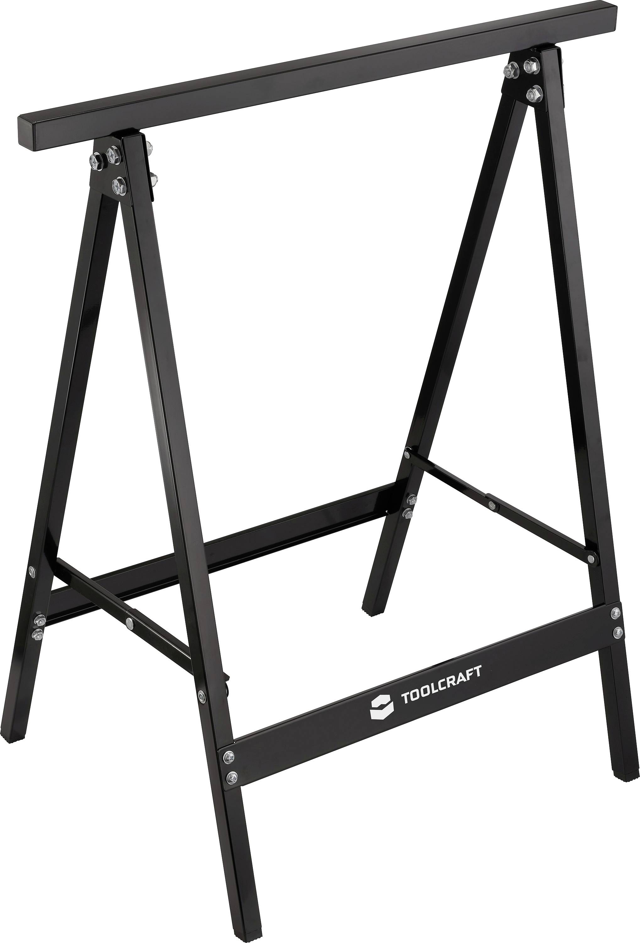 Cavalletto pieghevole nero con due gambe a forma di A e logo Toolcraft sulla traversa inferiore.