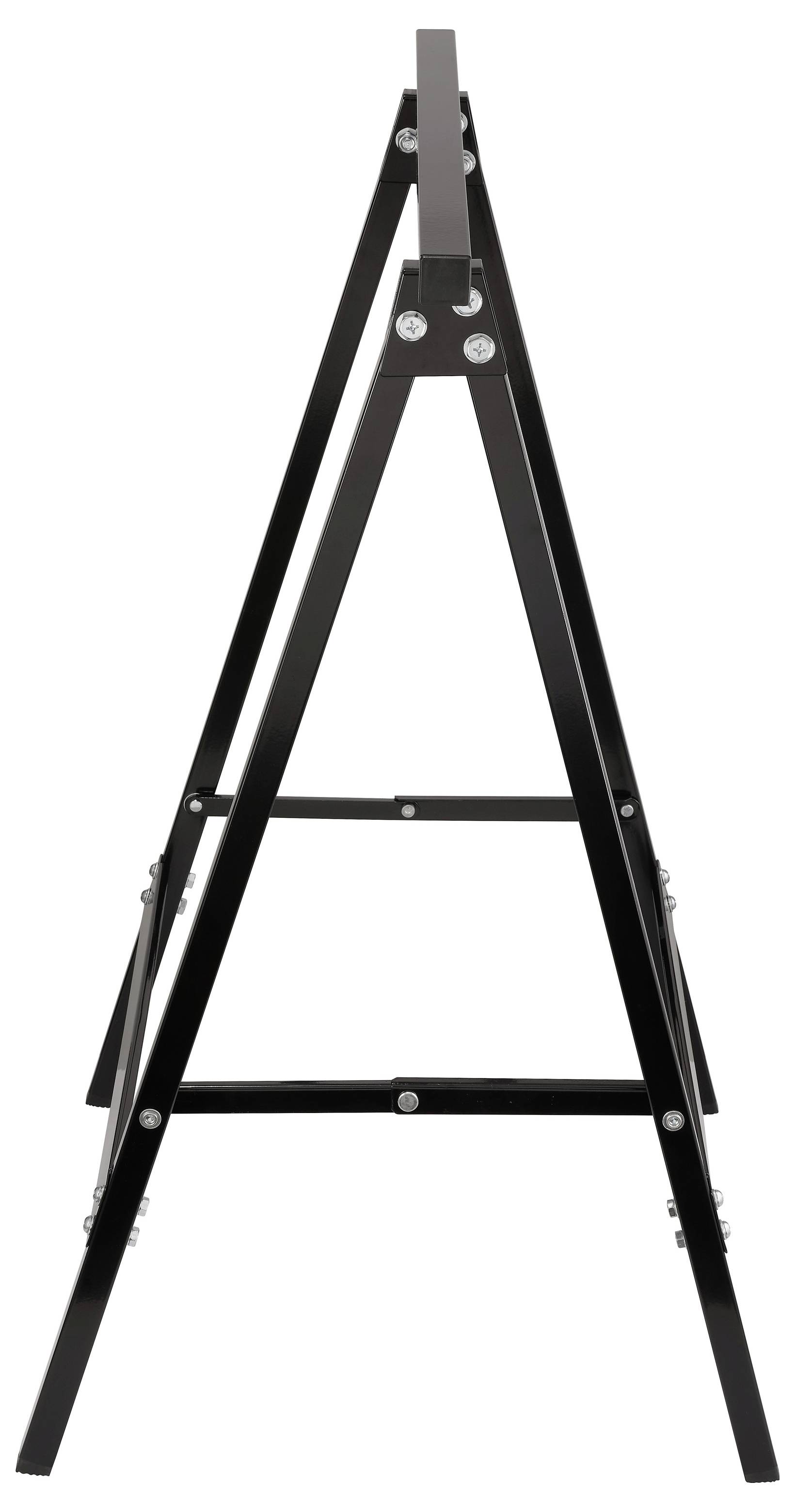 Cavalletto in legno nero a forma di A, aperto, con gambe regolabili su sfondo bianco.