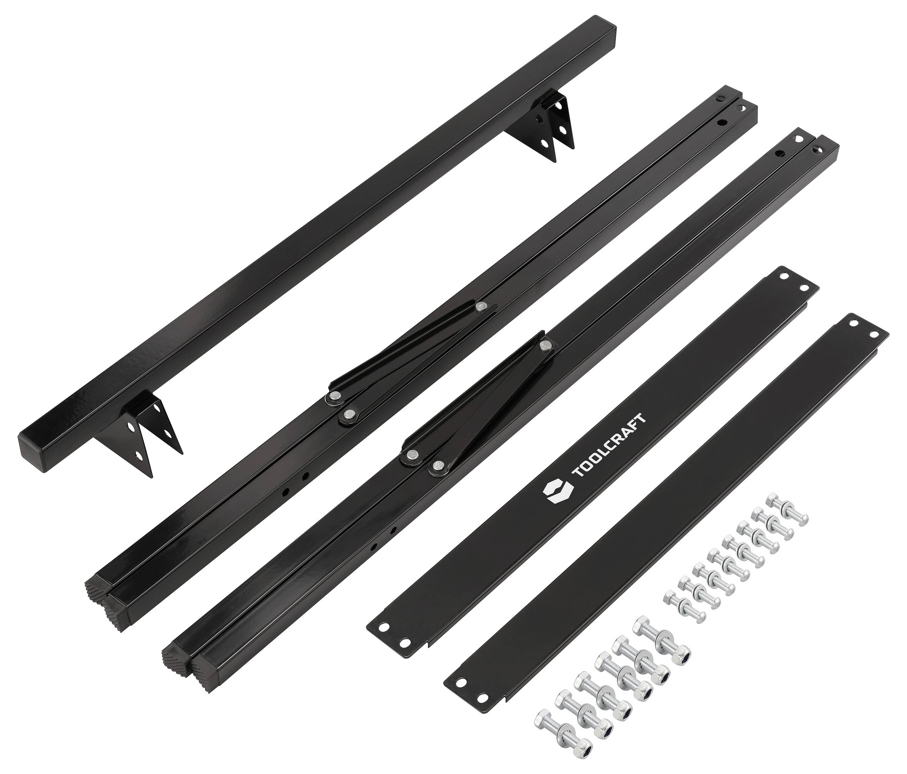 Kit di ferramenta per porta scorrevole in metallo ToolCraft nero con guida, staffe, binari e viti di montaggio disposti su sfondo bianco