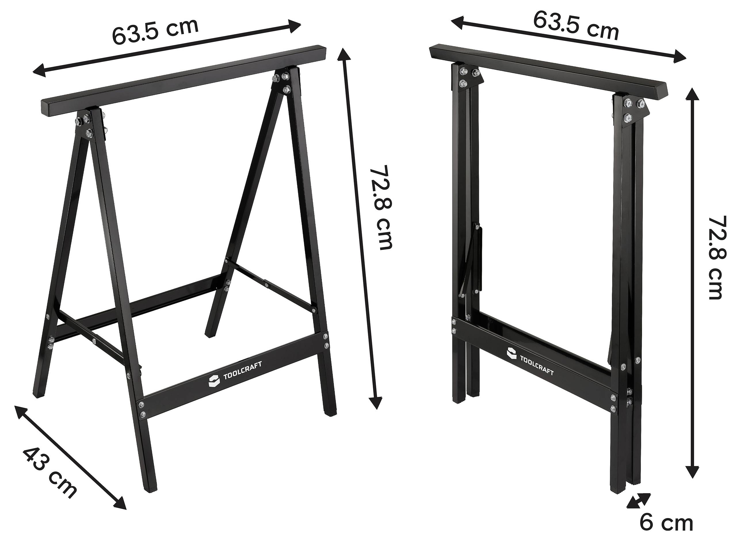 Cavalletto pieghevole nero mostrato aperto e chiuso, con dimensioni etichettate 63,5 cm di larghezza, 72,8 cm di altezza, e 43 cm di profondità aperto, 6 cm di profondità chiuso.