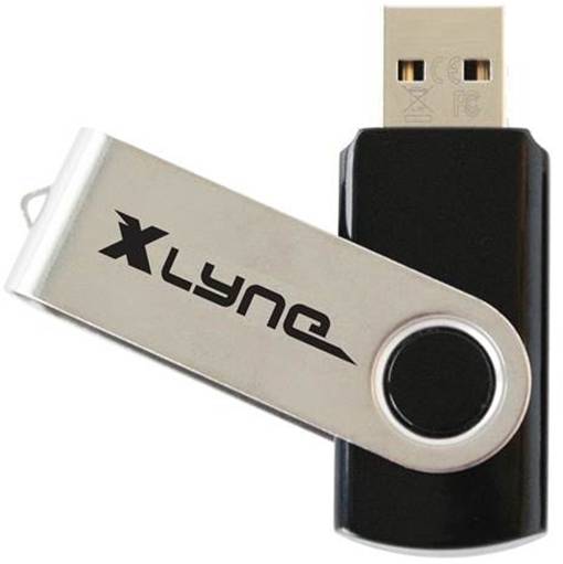 Un'unità flash USB nera e argentata con il logo "XLYNE" su un coperchio girevole.
