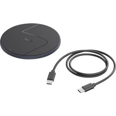 Un pad di ricarica wireless circolare nero mostrato insieme a un cavo USB-C to USB-C arrotolato.