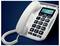 Un telefono bianco con filo con grandi pulsanti e uno schermo display blu che mostra 'C1-00', 'Menu', '21-01' e '13:06'.