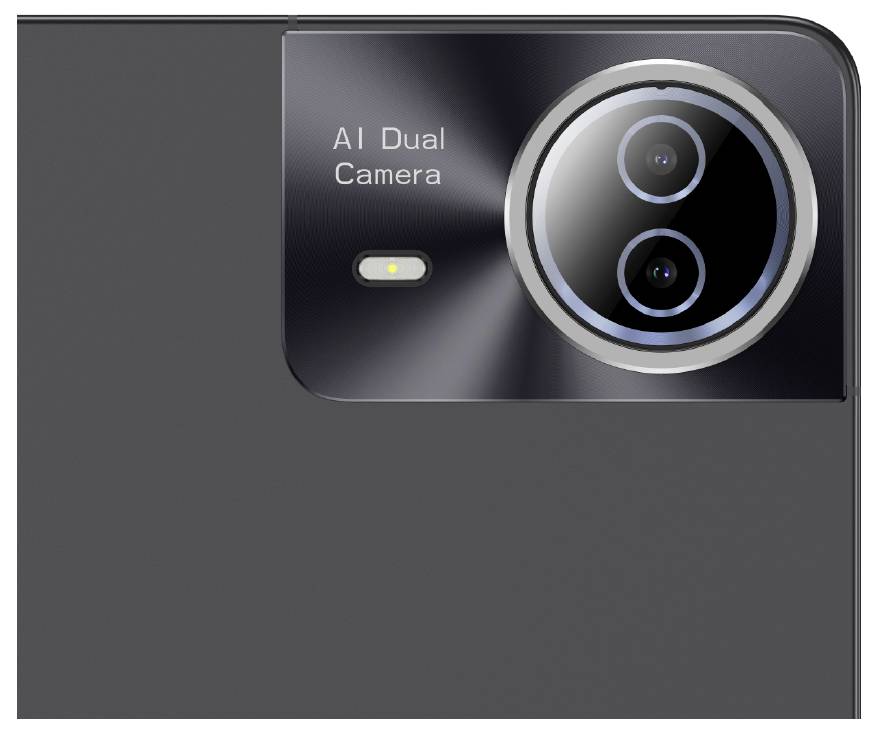 Modulo fotocamera 'AI Dual Camera' con due obiettivi e flash LED su un dispositivo elegante e scuro.