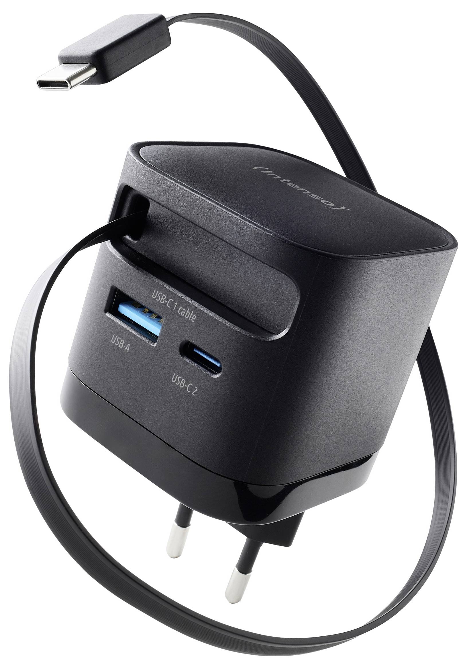 Un caricatore da parete nero con porte USB-A e USB-C, cavo collegato e spina pieghevole è mostrato, evidenziando il suo design compatto.