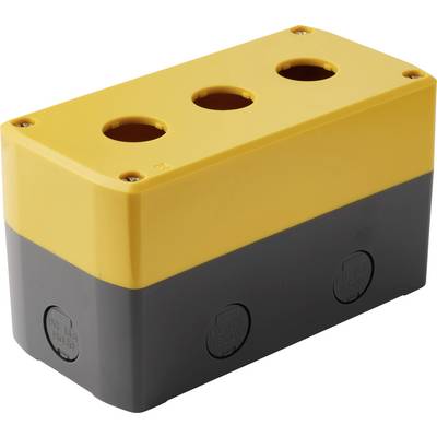 Scatola di derivazione elettrica rettangolare gialla e nera con quattro aperture circolari sulla parte superiore e fori di passaggio per cavi laterali.