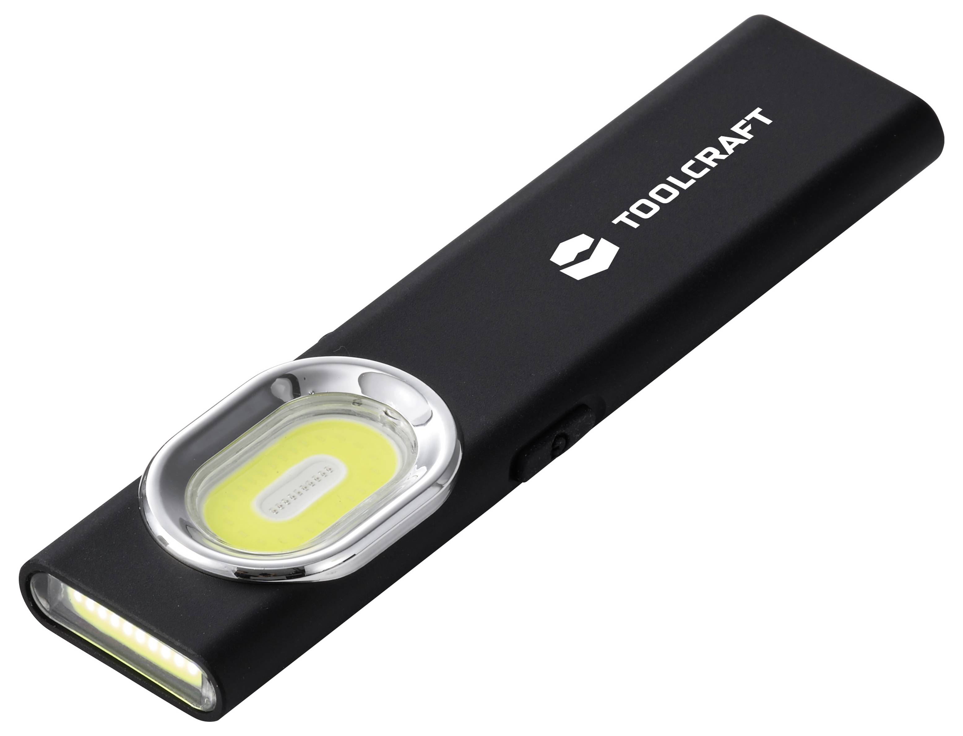 Lampada da lavoro portatile Black Toolcraft con striscia LED anteriore e pannello COB giallo centrale.