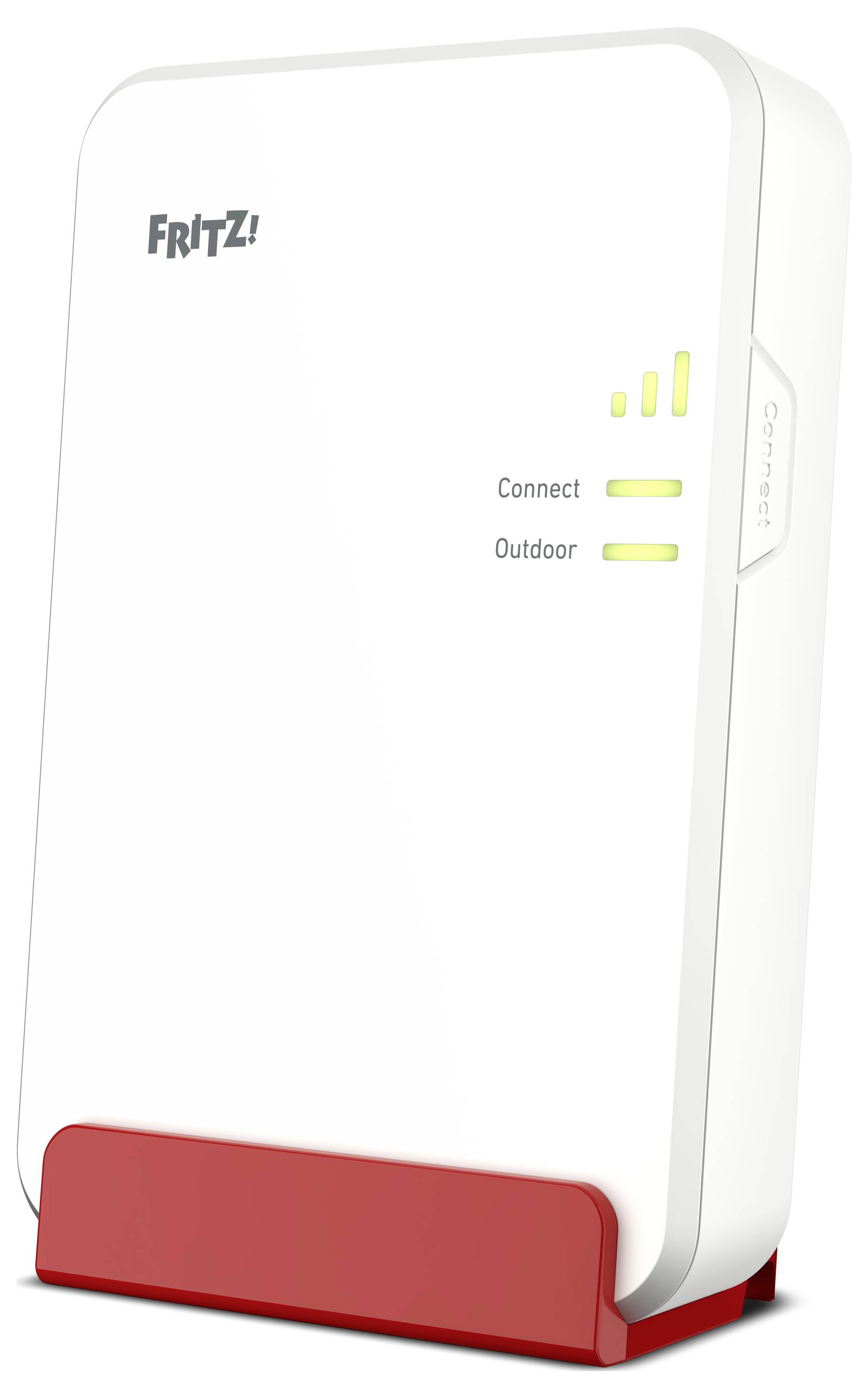 Dispositivo bianco con base rossa caratterizzato dal logo FRITZ!, tre indicatori LED per la forza del segnale e etichette "Connect" e "Outdoor".