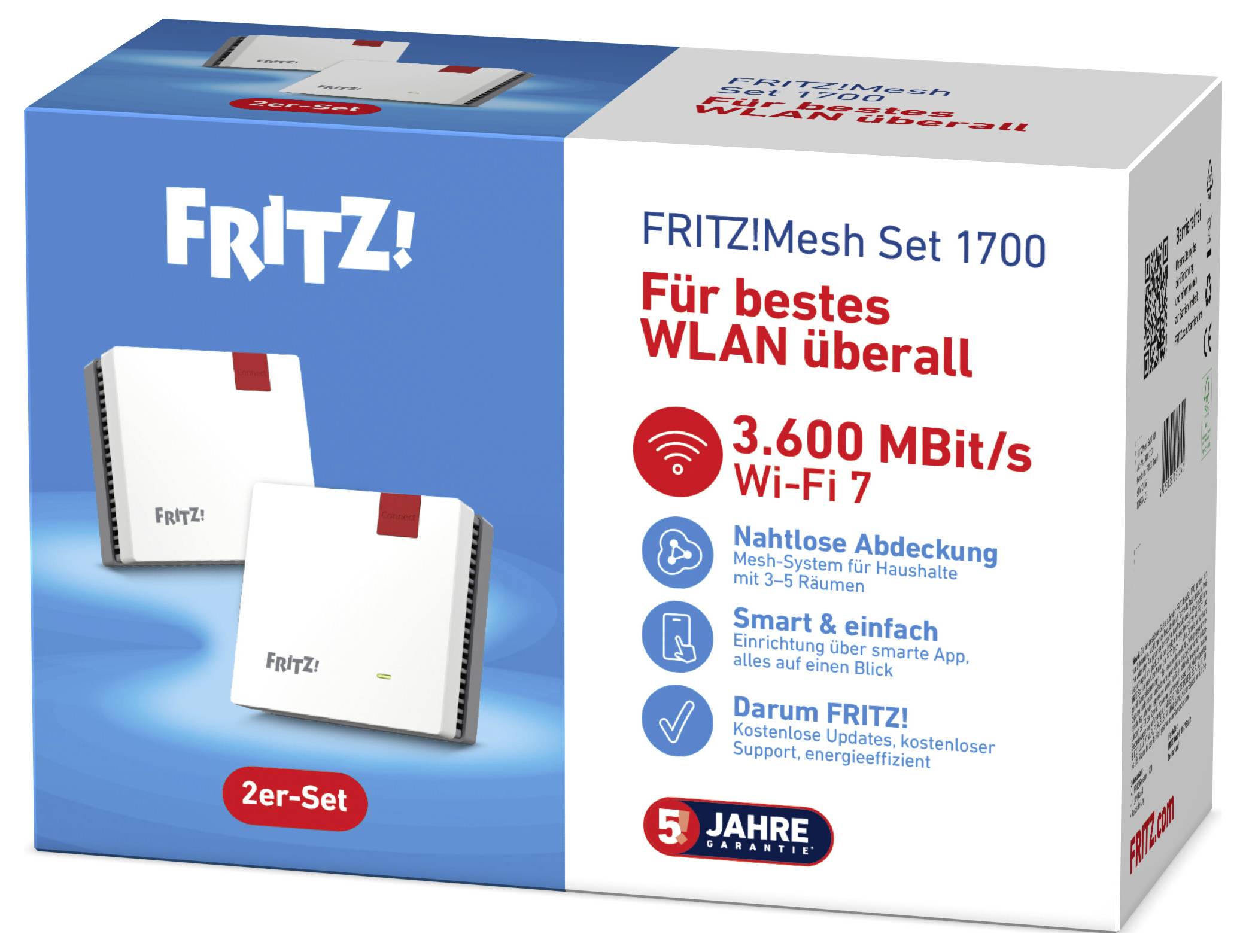 Il "FRITZ! Mesh Set 1700" offre Wi-Fi 7 con 3.600 Mbit/s, una copertura senza soluzione di continuità e un'installazione facile. Include due dispositivi e una garanzia di 5 anni.