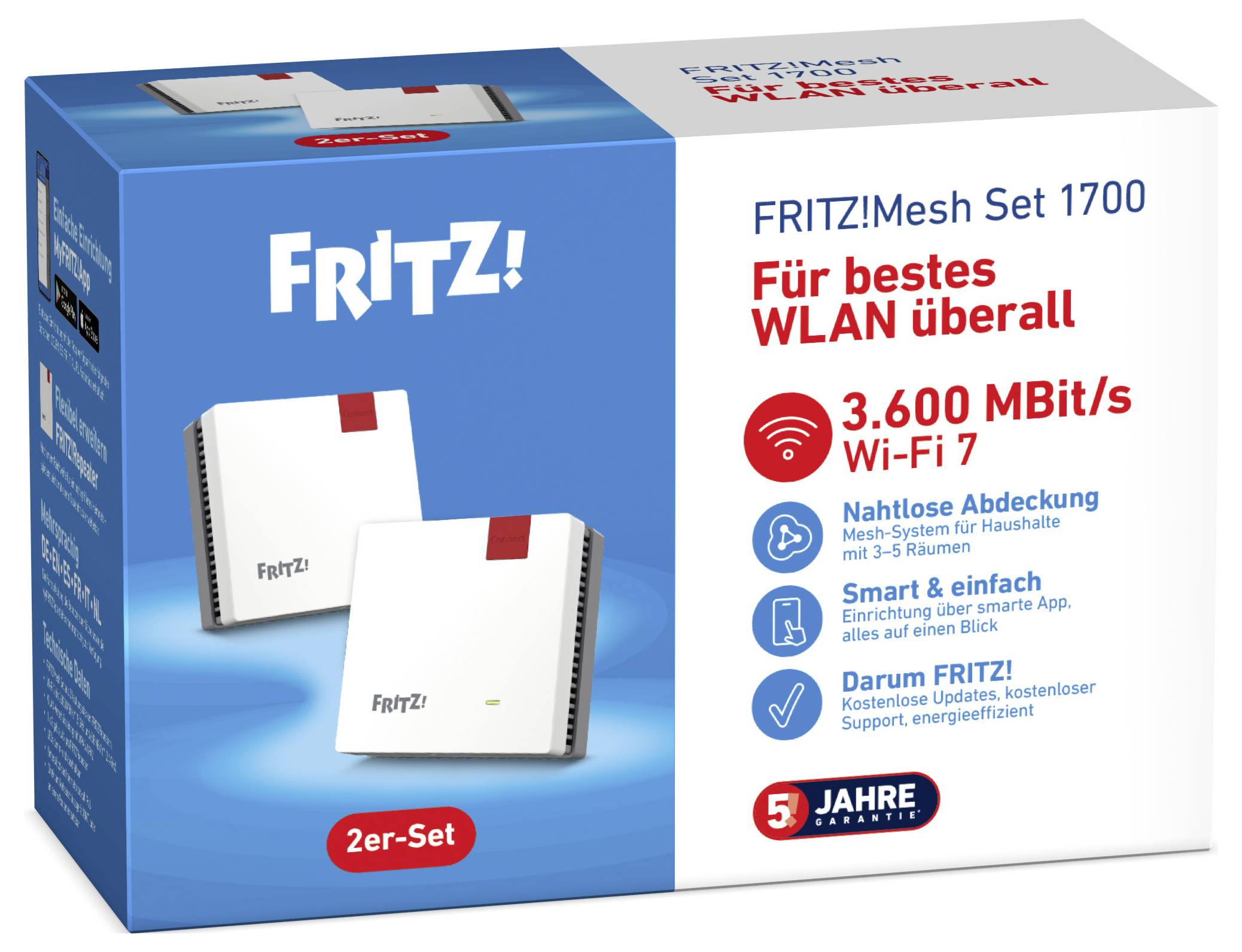 Una scatola FRITZ!Mesh Set 1700 Wi-Fi 7 blu e bianca che mostra due dispositivi. Punti salienti: 3.600 MBIT/s, copertura senza interruzioni, installazione semplice, garanzia di 5 anni.