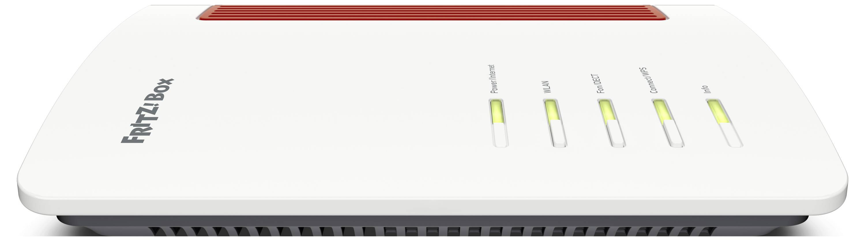 Un router bianco etichettato 'FRITZ!Box' con un pannello superiore rosso, caratterizzato da spie luminose per alimentazione, DSL, WLAN e altre due.