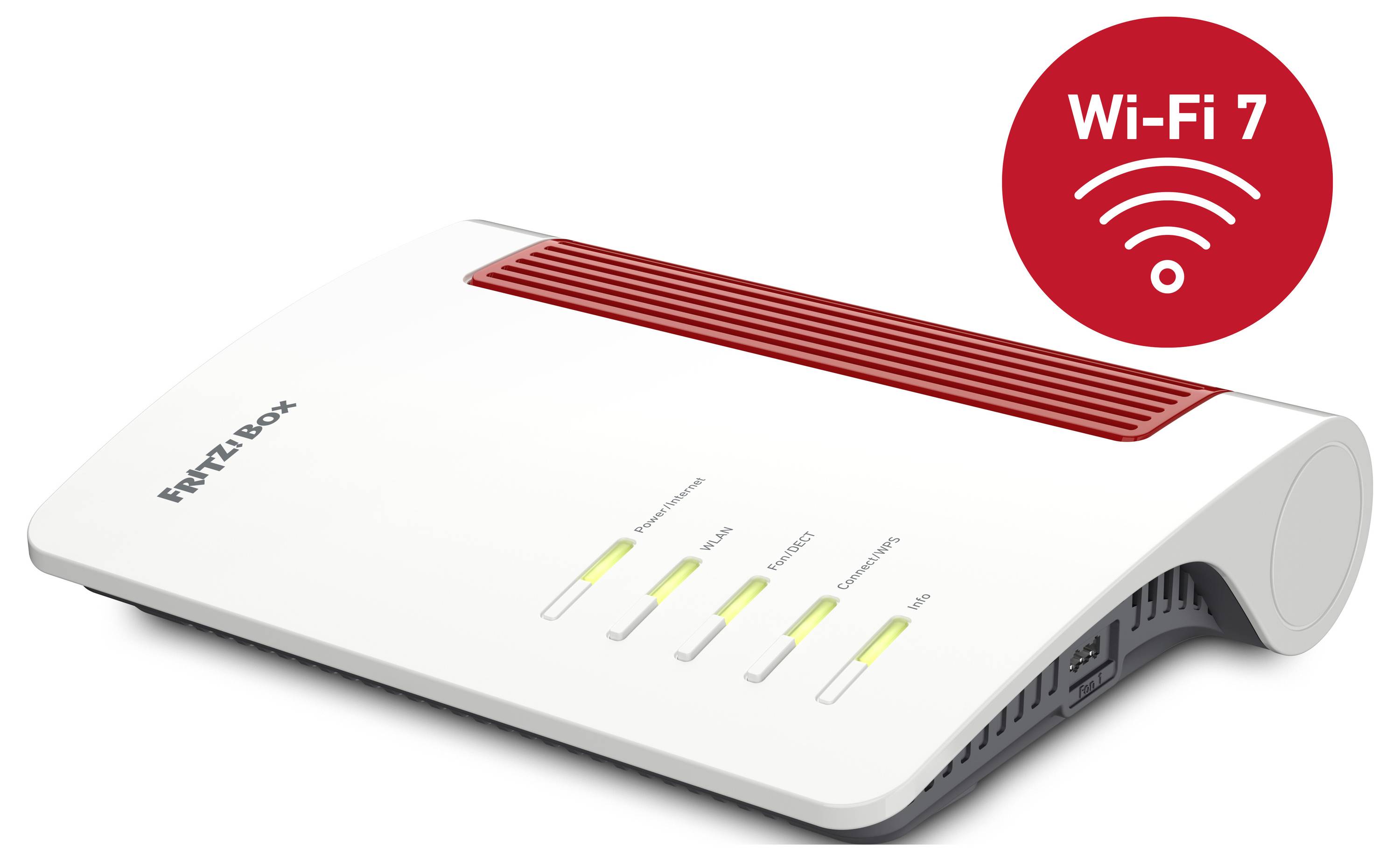 Un router Wi-Fi 7 bianco e rosso con spie indicatrici per alimentazione, internet, LAN e telefono, etichettato "Fritz!Box" sul lato.