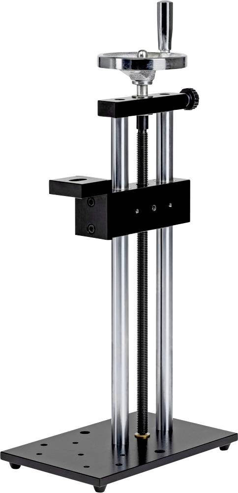 Supporto regolabile con aste verticali, una maniglia in cima e una base, utilizzato per sostenere apparecchiature scientifiche o da laboratorio.