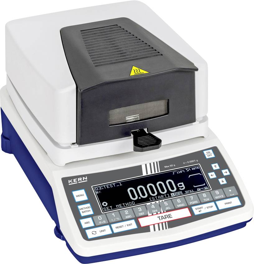 Analizzatore di umidità KERN con display digitale che mostra una lettura di 0,0000g, pulsanti per la tara, l'avvio e l'arresto, utilizzato per misurazioni precise del peso.
