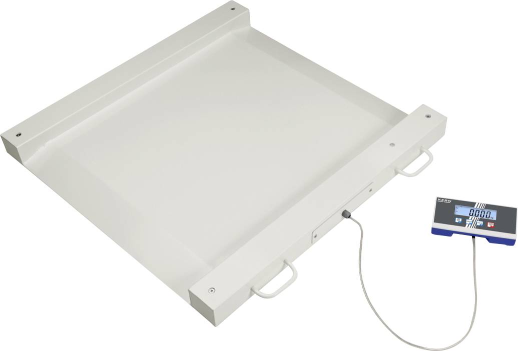 Una piattaforma rettangolare bianca con manici collegata tramite cavo a un display digitale che mostra '0.00' chilogrammi in blu.