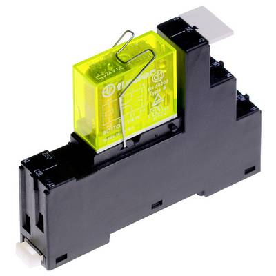 Una base di relè nera con un componente relè verde allegato, dotata di connettori metallici, utilizzata nei circuiti elettrici per la commutazione automatica.